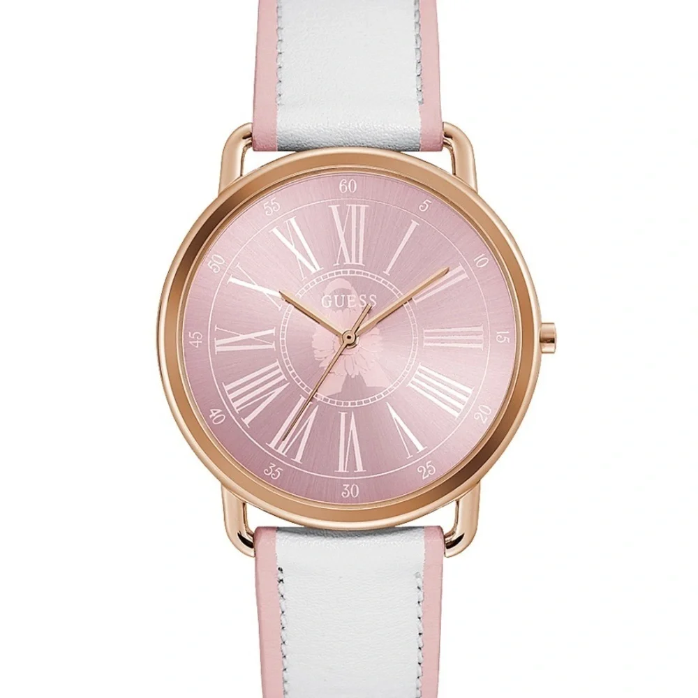 New GUESS LADIES ROSE GOLD TONE CASE WHITE GENUINE LEATHER WATCH